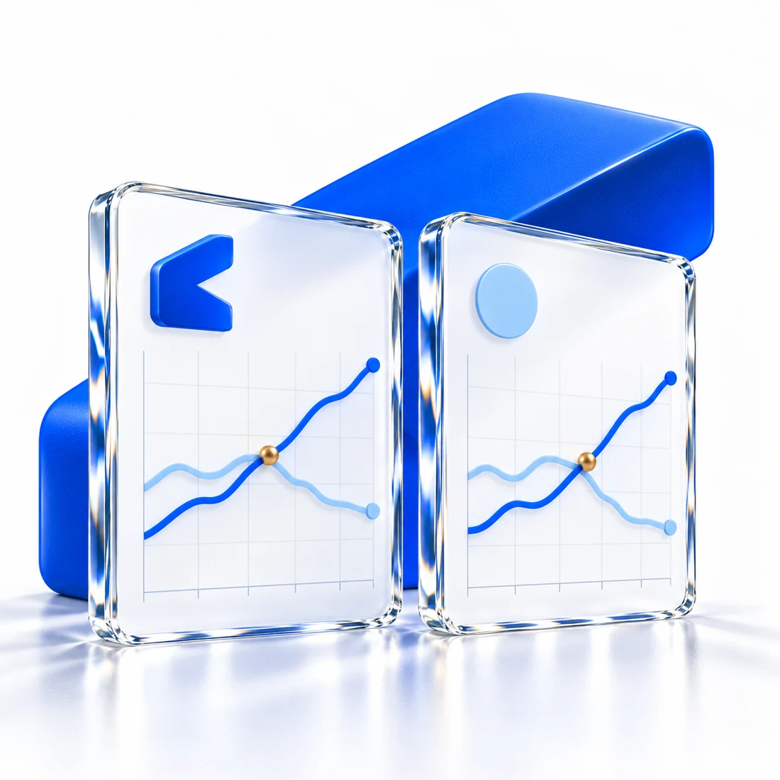 Two glass charts comparing search performance in front of the Rankwell symbol