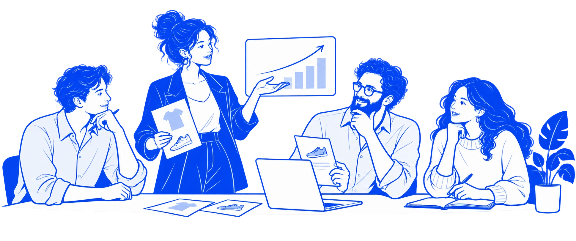 A team researching ecommerce search rankings, reviewing products and planning together