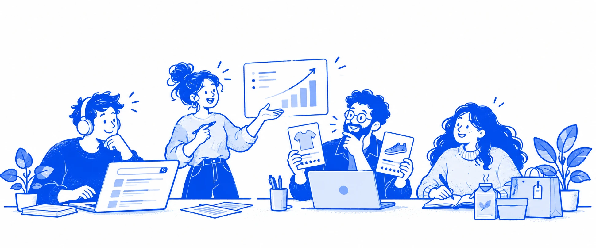 A team researching ecommerce search rankings, reviewing products and planning together