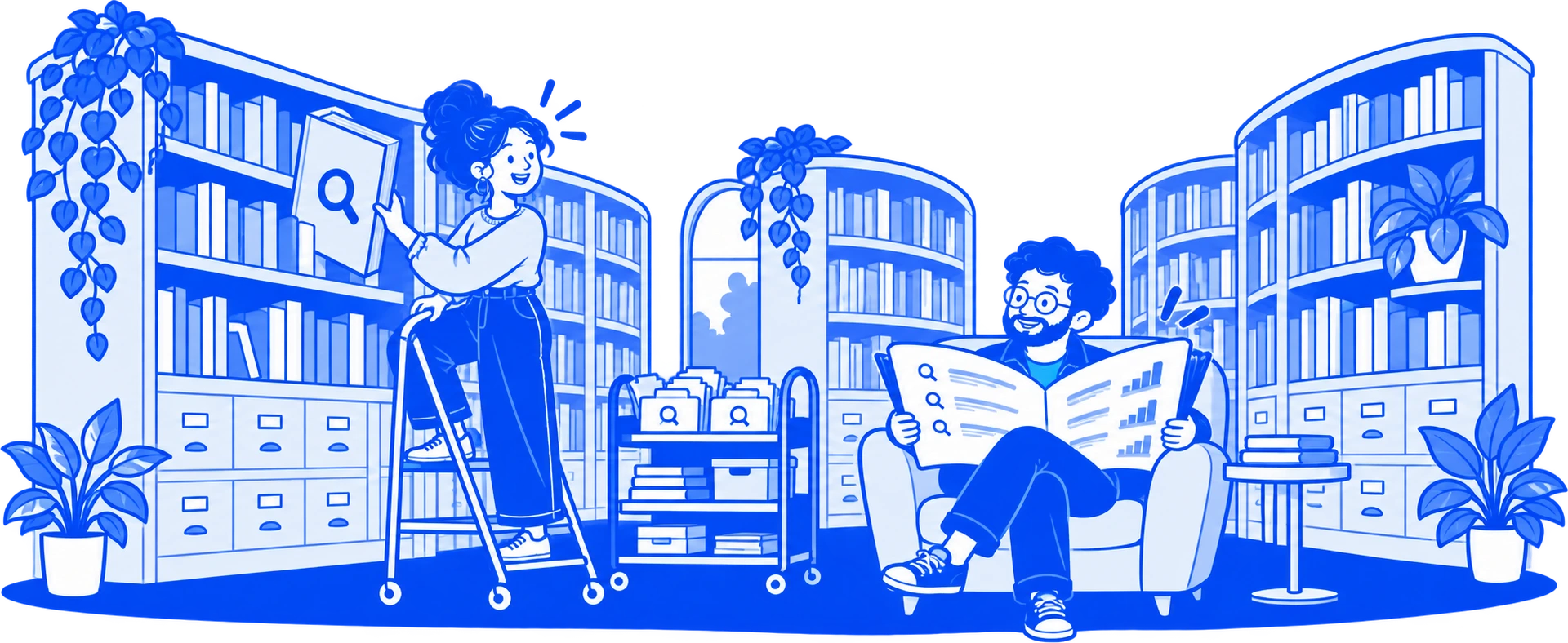 A discovery library where researchers find answers in books and catalog cards