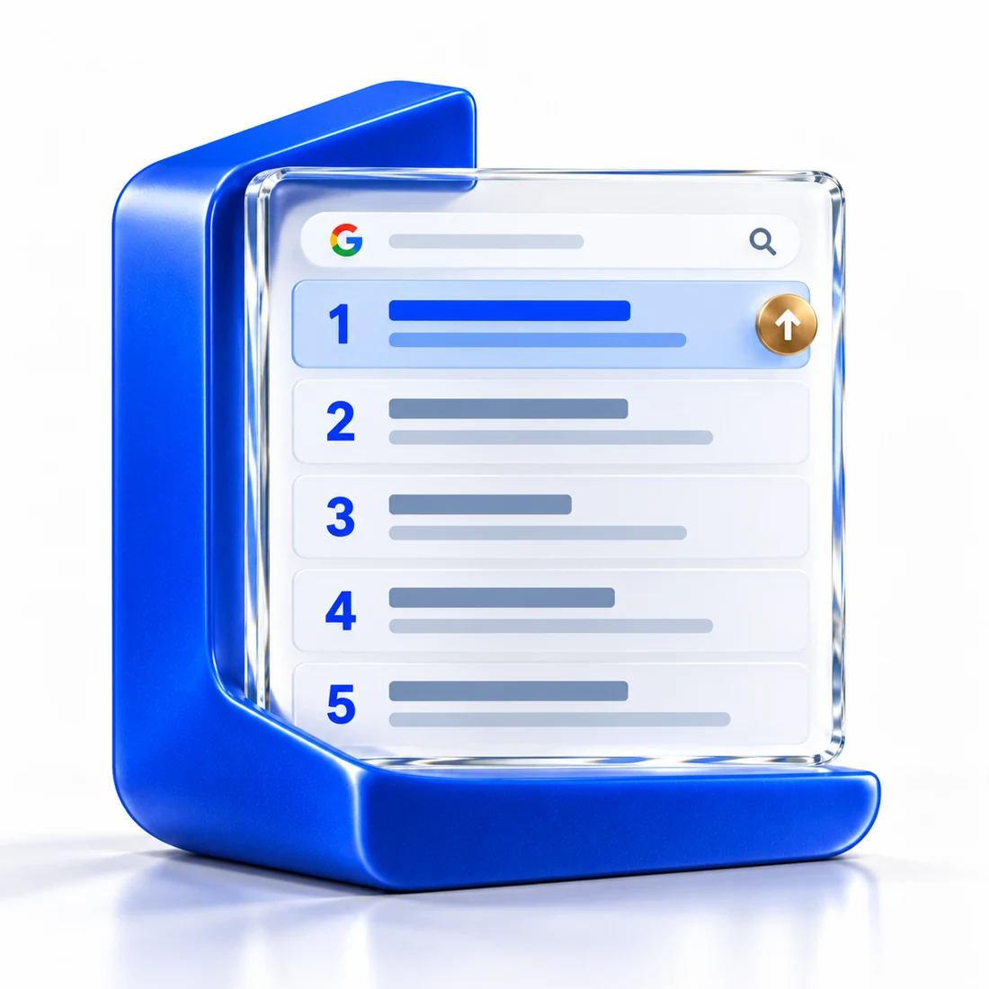 Blue Rankwell sculpture framing a search results panel with an upward ranking arrow